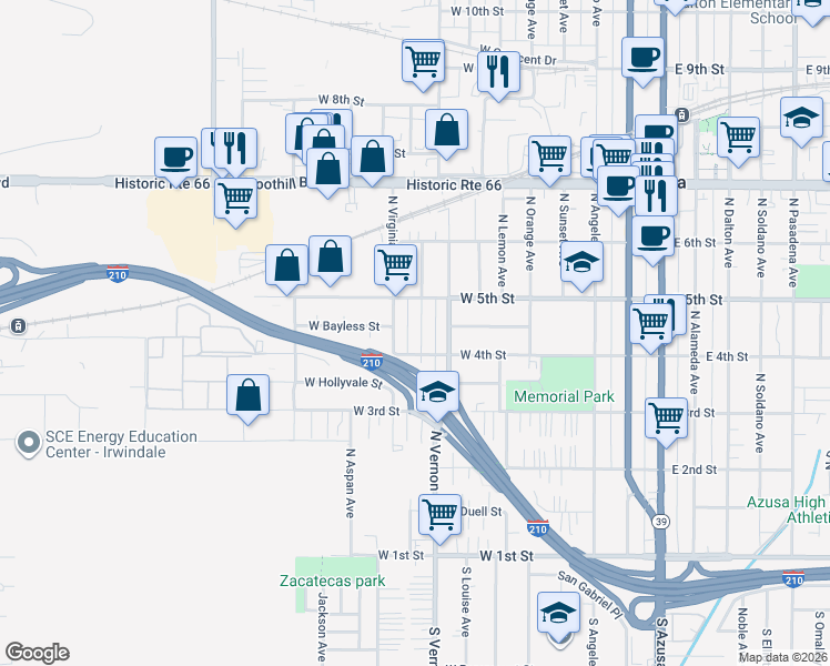 map of restaurants, bars, coffee shops, grocery stores, and more near 446 North Barbara Avenue in Azusa