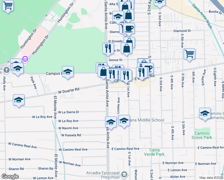 map of restaurants, bars, coffee shops, grocery stores, and more near 14 East Duarte Road in Arcadia