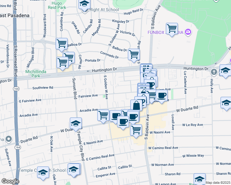 map of restaurants, bars, coffee shops, grocery stores, and more near 816 Southview Road in Arcadia