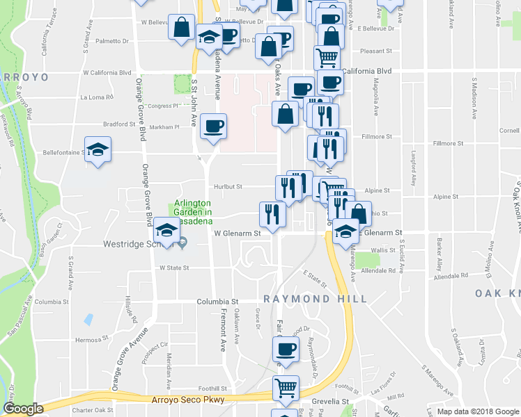 map of restaurants, bars, coffee shops, grocery stores, and more near 78 Hurlbut Street in Pasadena