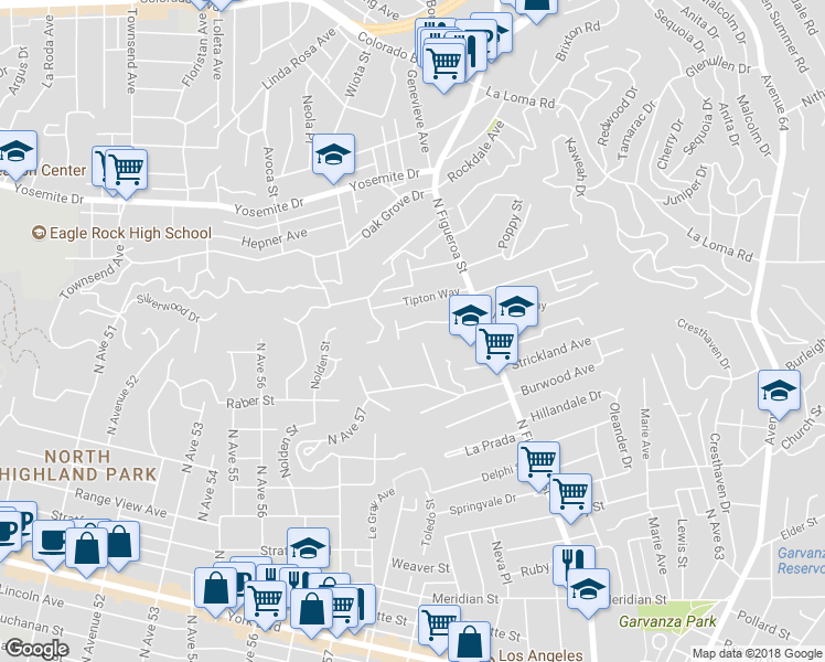map of restaurants, bars, coffee shops, grocery stores, and more near 5832 Tipton Way in Los Angeles