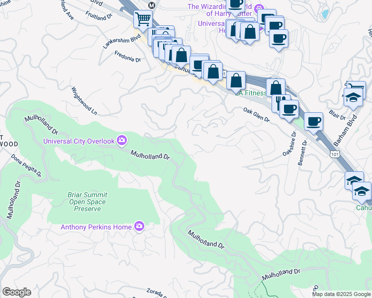 map of restaurants, bars, coffee shops, grocery stores, and more near 3201 Bonnie Hill Drive in Los Angeles