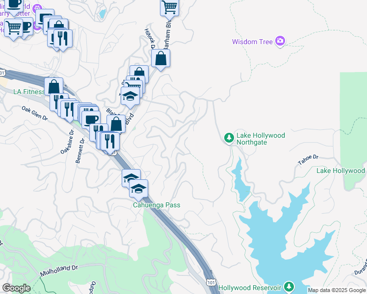 map of restaurants, bars, coffee shops, grocery stores, and more near 3314 Wonder View Drive in Los Angeles