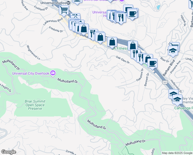 map of restaurants, bars, coffee shops, grocery stores, and more near 3215 Bonnie Hill Drive in Los Angeles