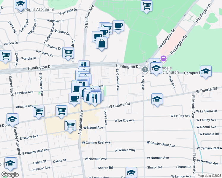 map of restaurants, bars, coffee shops, grocery stores, and more near 518 Fairview Avenue in Arcadia