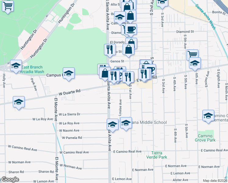 map of restaurants, bars, coffee shops, grocery stores, and more near 14 East Duarte Road in Arcadia