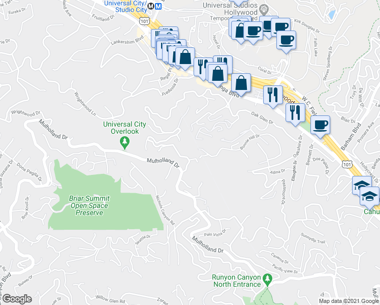 map of restaurants, bars, coffee shops, grocery stores, and more near 3518 Multiview Drive in Los Angeles