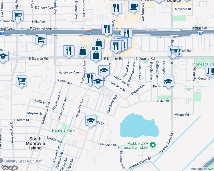 map of restaurants, bars, coffee shops, grocery stores, and more near 819 Lewiston Street in Duarte