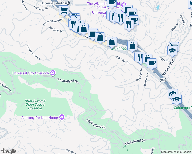 map of restaurants, bars, coffee shops, grocery stores, and more near 3215 Bonnie Hill Drive in Los Angeles