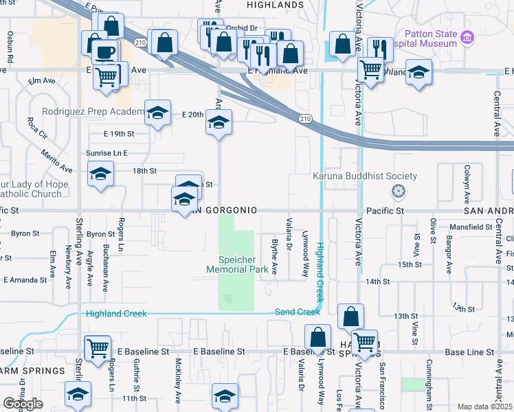 map of restaurants, bars, coffee shops, grocery stores, and more near 2500 Pacific Street in San Bernardino