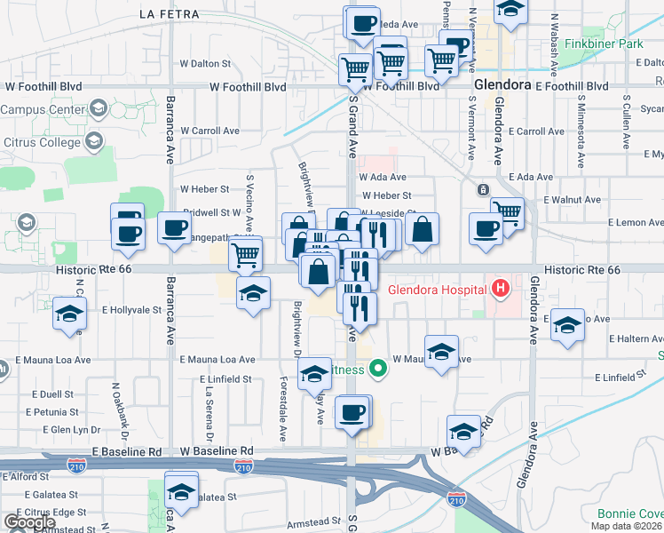 map of restaurants, bars, coffee shops, grocery stores, and more near 422 West Route 66 in Glendora