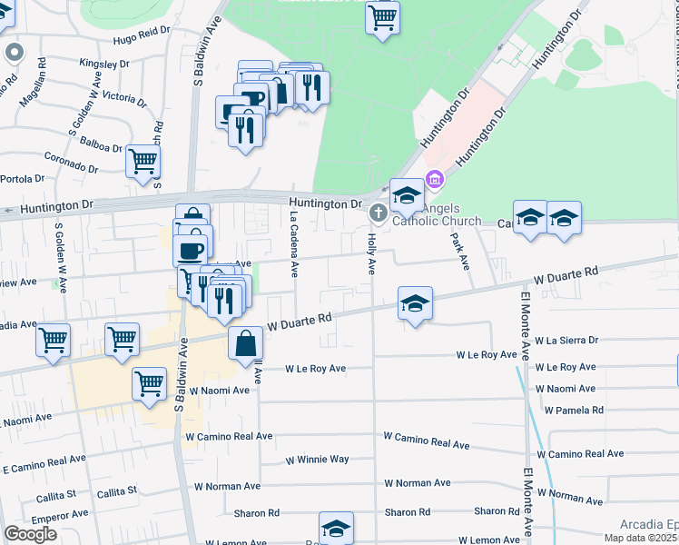 map of restaurants, bars, coffee shops, grocery stores, and more near 436 Fairview Avenue in Arcadia
