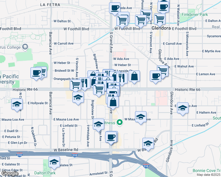 map of restaurants, bars, coffee shops, grocery stores, and more near 601 West Route 66 in Glendora
