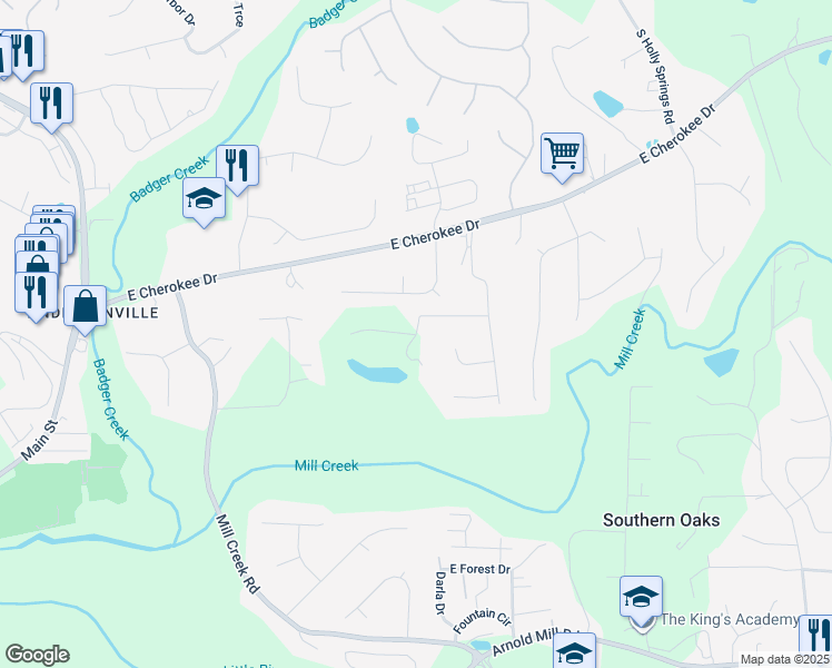 map of restaurants, bars, coffee shops, grocery stores, and more near Evans Street in Woodstock
