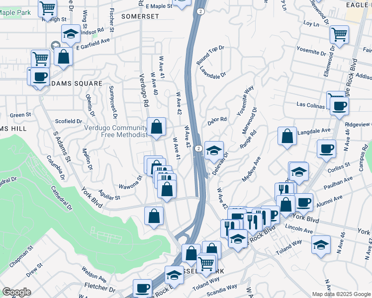 map of restaurants, bars, coffee shops, grocery stores, and more near 4315 West Avenue 42 in Los Angeles