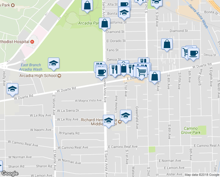 map of restaurants, bars, coffee shops, grocery stores, and more near 15 Christina Street in Arcadia