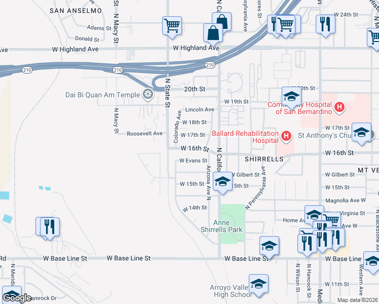map of restaurants, bars, coffee shops, grocery stores, and more near 2015 West 16th Street in San Bernardino