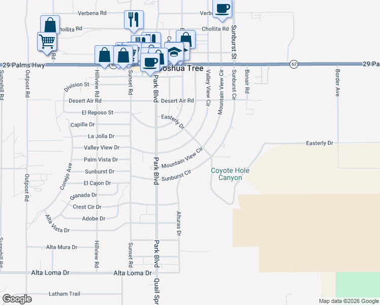 map of restaurants, bars, coffee shops, grocery stores, and more near 61876 Mountain View Circle in Joshua Tree