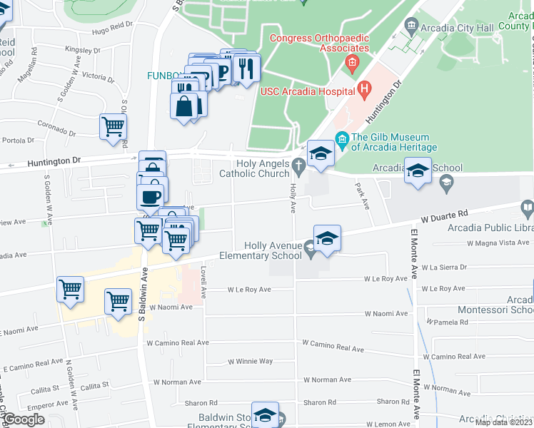 map of restaurants, bars, coffee shops, grocery stores, and more near 436 Fairview Avenue in Arcadia