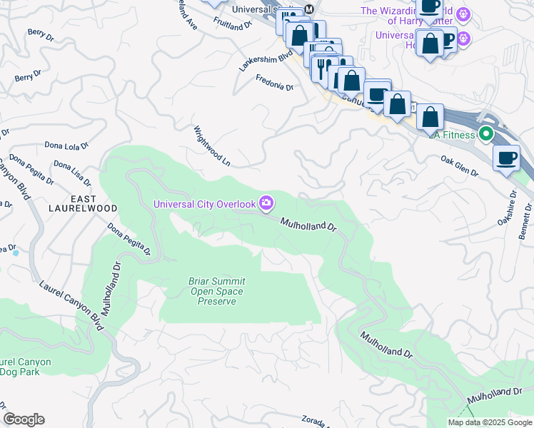 map of restaurants, bars, coffee shops, grocery stores, and more near 7695-7699 Mulholland Drive in Los Angeles