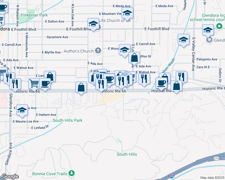 map of restaurants, bars, coffee shops, grocery stores, and more near 935 East Route 66 in Glendora
