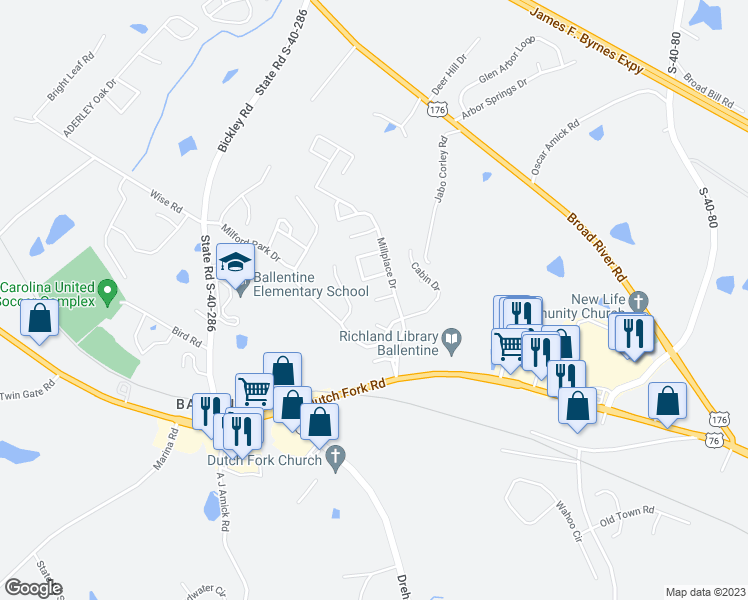 map of restaurants, bars, coffee shops, grocery stores, and more near 32 Mill Place Court in Irmo