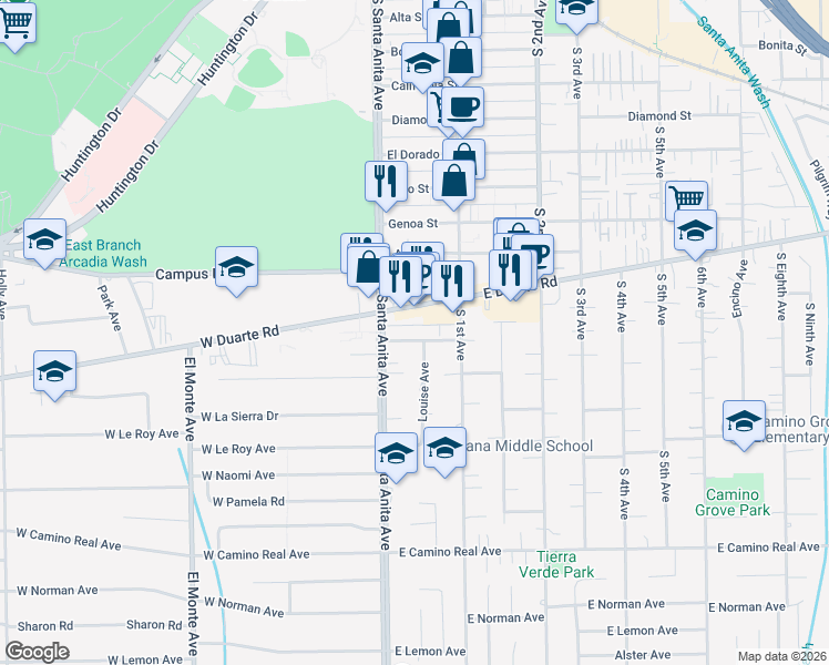 map of restaurants, bars, coffee shops, grocery stores, and more near 2 Christina Street in Arcadia