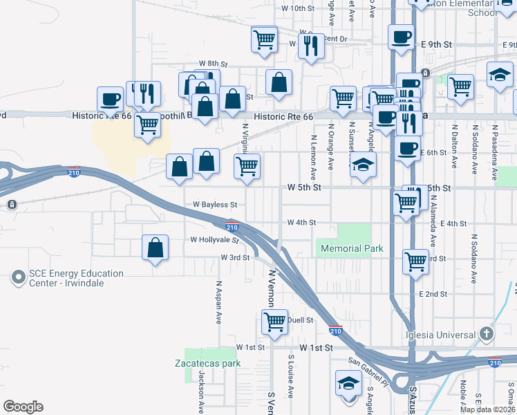 map of restaurants, bars, coffee shops, grocery stores, and more near 446 North Barbara Avenue in Azusa