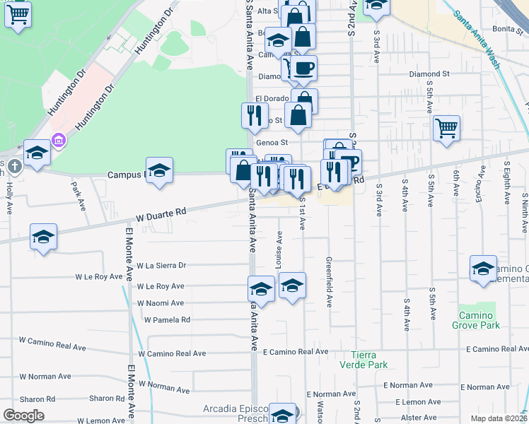 map of restaurants, bars, coffee shops, grocery stores, and more near 15 Christina Street in Arcadia