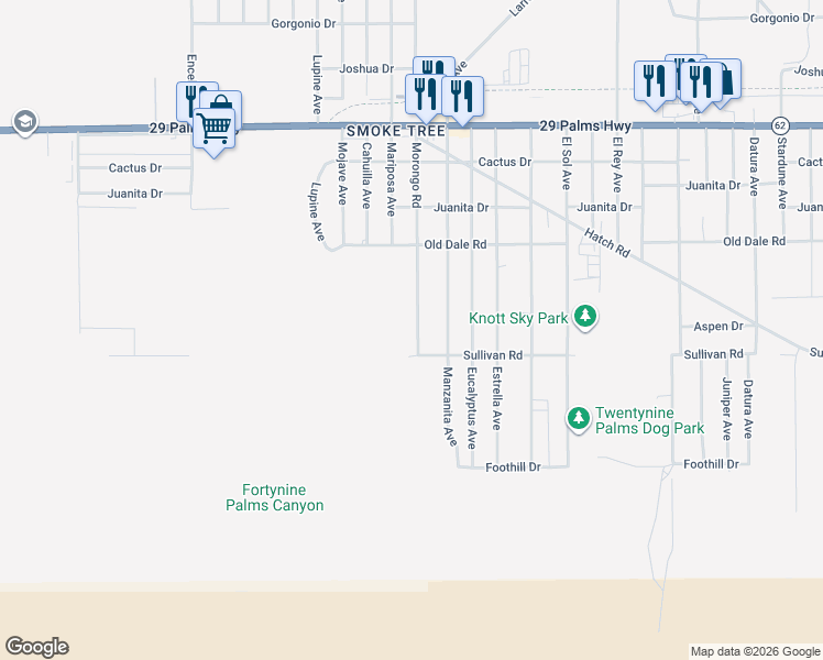 map of restaurants, bars, coffee shops, grocery stores, and more near Morongo Road in Twentynine Palms