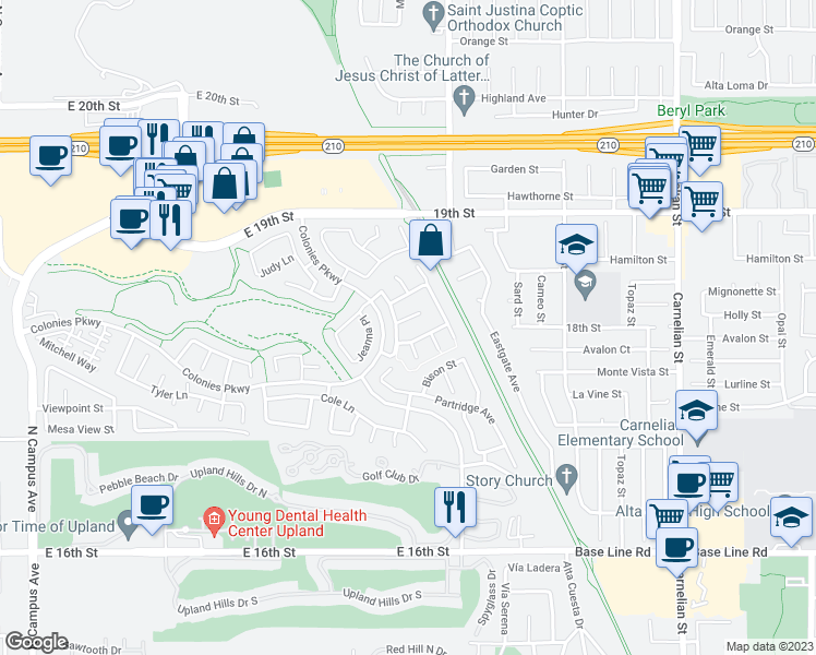 map of restaurants, bars, coffee shops, grocery stores, and more near 1536 Excel Court in Upland