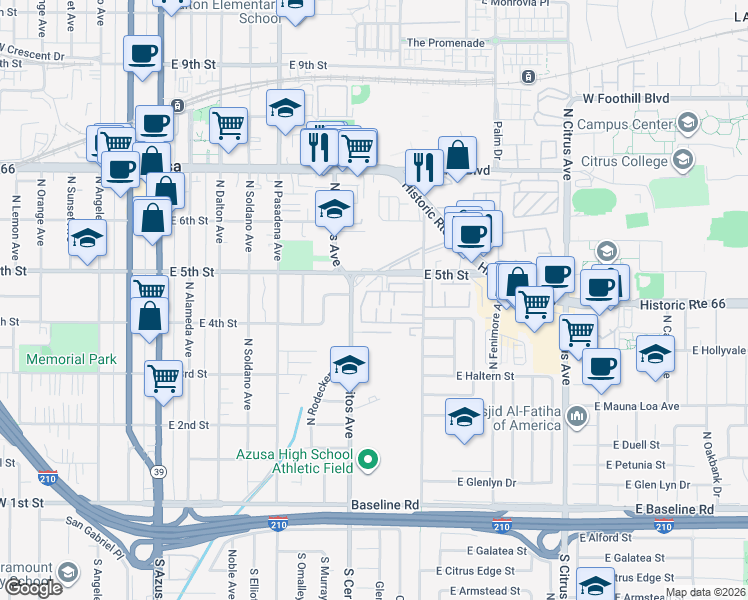 map of restaurants, bars, coffee shops, grocery stores, and more near 644 East Lee Place in Azusa