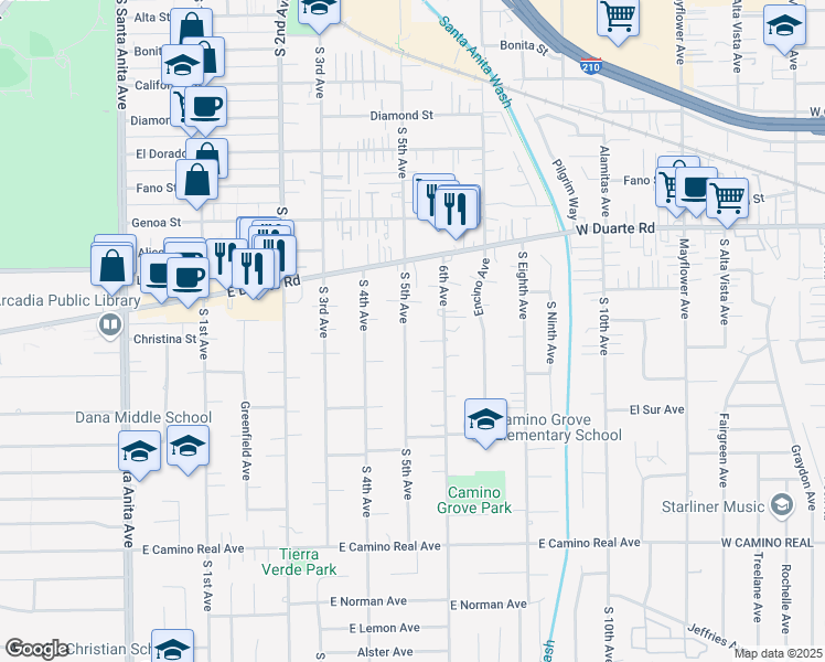 map of restaurants, bars, coffee shops, grocery stores, and more near 1020 South 5th Avenue in Arcadia