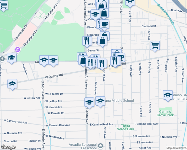 map of restaurants, bars, coffee shops, grocery stores, and more near 14 East Duarte Road in Arcadia