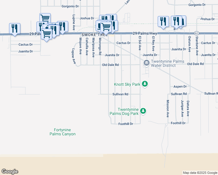 map of restaurants, bars, coffee shops, grocery stores, and more near 6855 Manzanita Avenue in Twentynine Palms