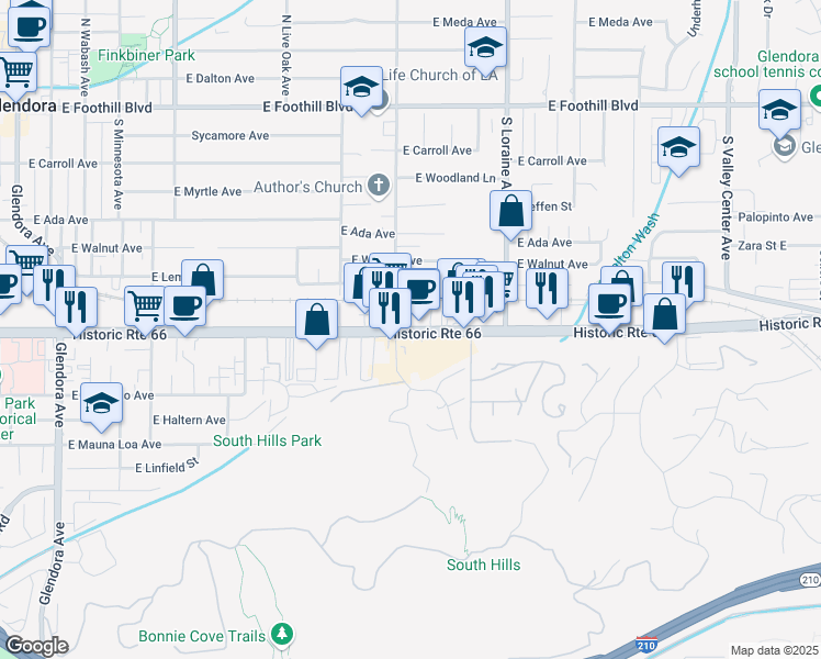 map of restaurants, bars, coffee shops, grocery stores, and more near 939 East Route 66 in Glendora