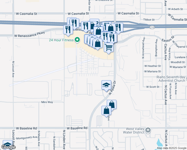 map of restaurants, bars, coffee shops, grocery stores, and more near 1223 Yeager Avenue in Rialto