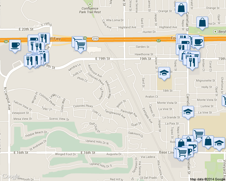 map of restaurants, bars, coffee shops, grocery stores, and more near 1536 Excel Court in Upland