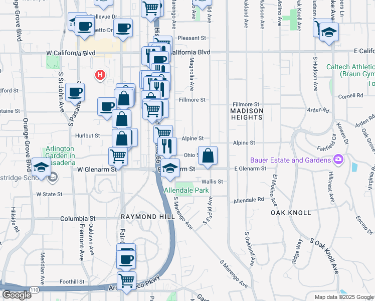 map of restaurants, bars, coffee shops, grocery stores, and more near 263 Ohio Street in Pasadena