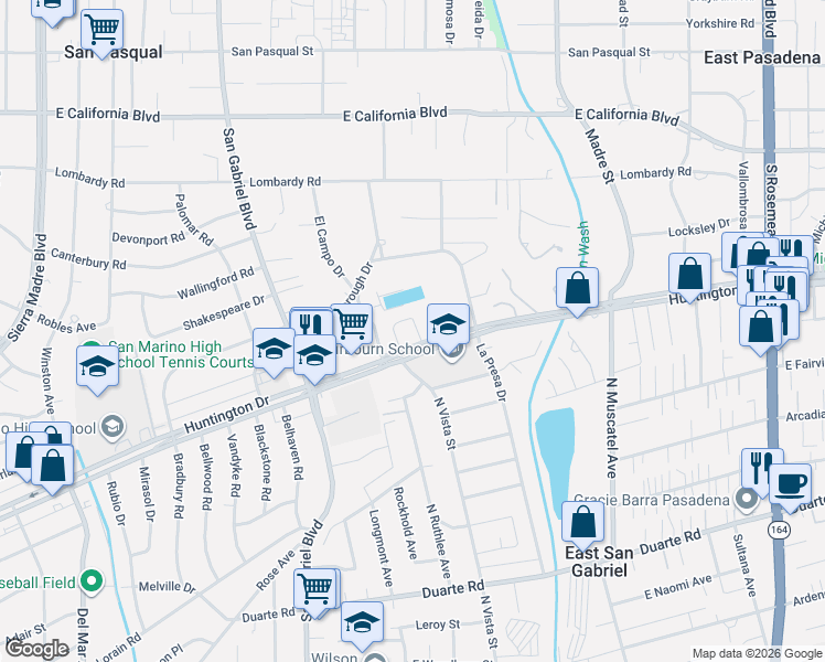 map of restaurants, bars, coffee shops, grocery stores, and more near 1125 Caesar Avenue in Pasadena