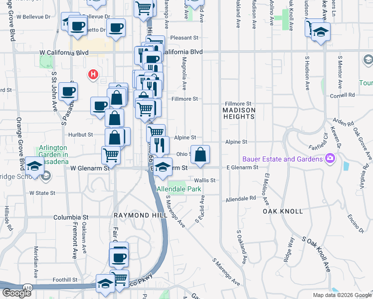 map of restaurants, bars, coffee shops, grocery stores, and more near 293 Ohio Street in Pasadena