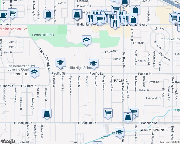 map of restaurants, bars, coffee shops, grocery stores, and more near 25010 Pacific Street in San Bernardino