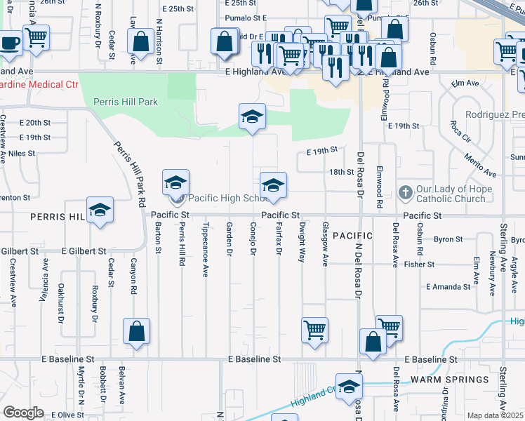 map of restaurants, bars, coffee shops, grocery stores, and more near 25010 Pacific Street in San Bernardino