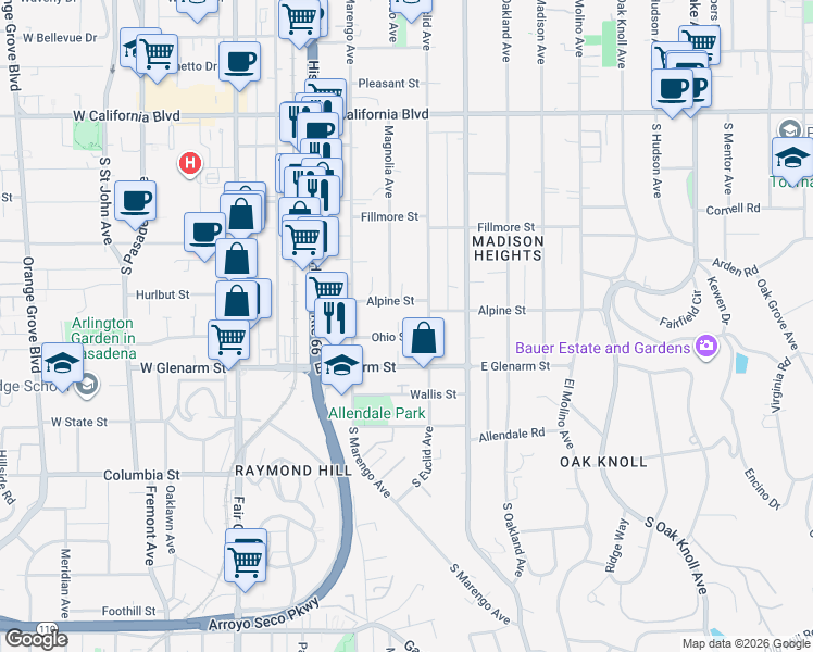 map of restaurants, bars, coffee shops, grocery stores, and more near 945 South Euclid Avenue in Pasadena