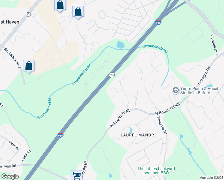 map of restaurants, bars, coffee shops, grocery stores, and more near 4650 Silver Meadow Dr in Buford