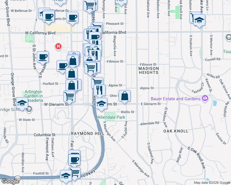 map of restaurants, bars, coffee shops, grocery stores, and more near 293 Ohio Street in Pasadena