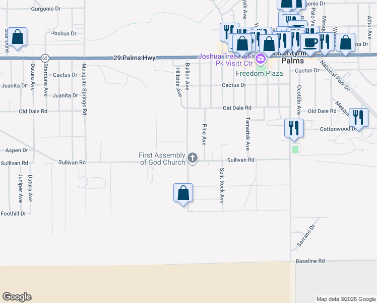 map of restaurants, bars, coffee shops, grocery stores, and more near 6828 Pine Avenue in Twentynine Palms