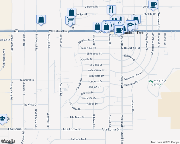 map of restaurants, bars, coffee shops, grocery stores, and more near 61548 Valley View Drive in Joshua Tree