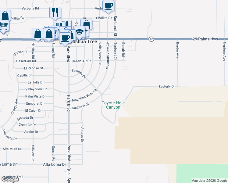 map of restaurants, bars, coffee shops, grocery stores, and more near 61961 Sunburst Circle in Joshua Tree