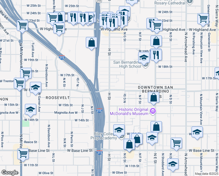 map of restaurants, bars, coffee shops, grocery stores, and more near 1608 North H Street in San Bernardino